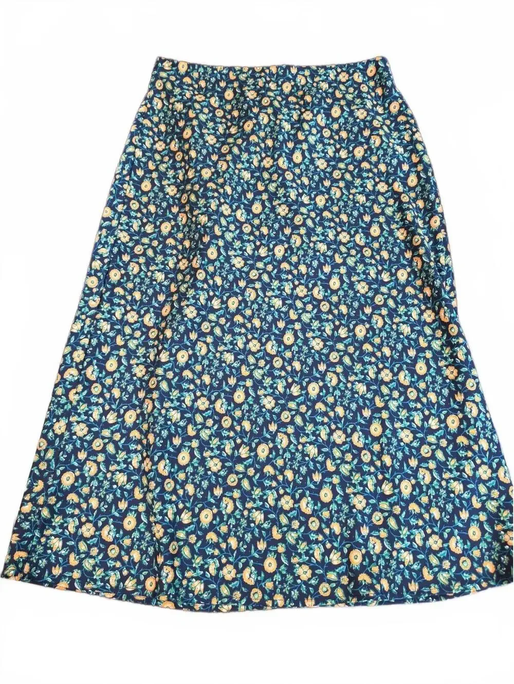 J. Crew S Navy Blue & Yellow Floral Long Full Polyester Skirt Elastic Back Waist